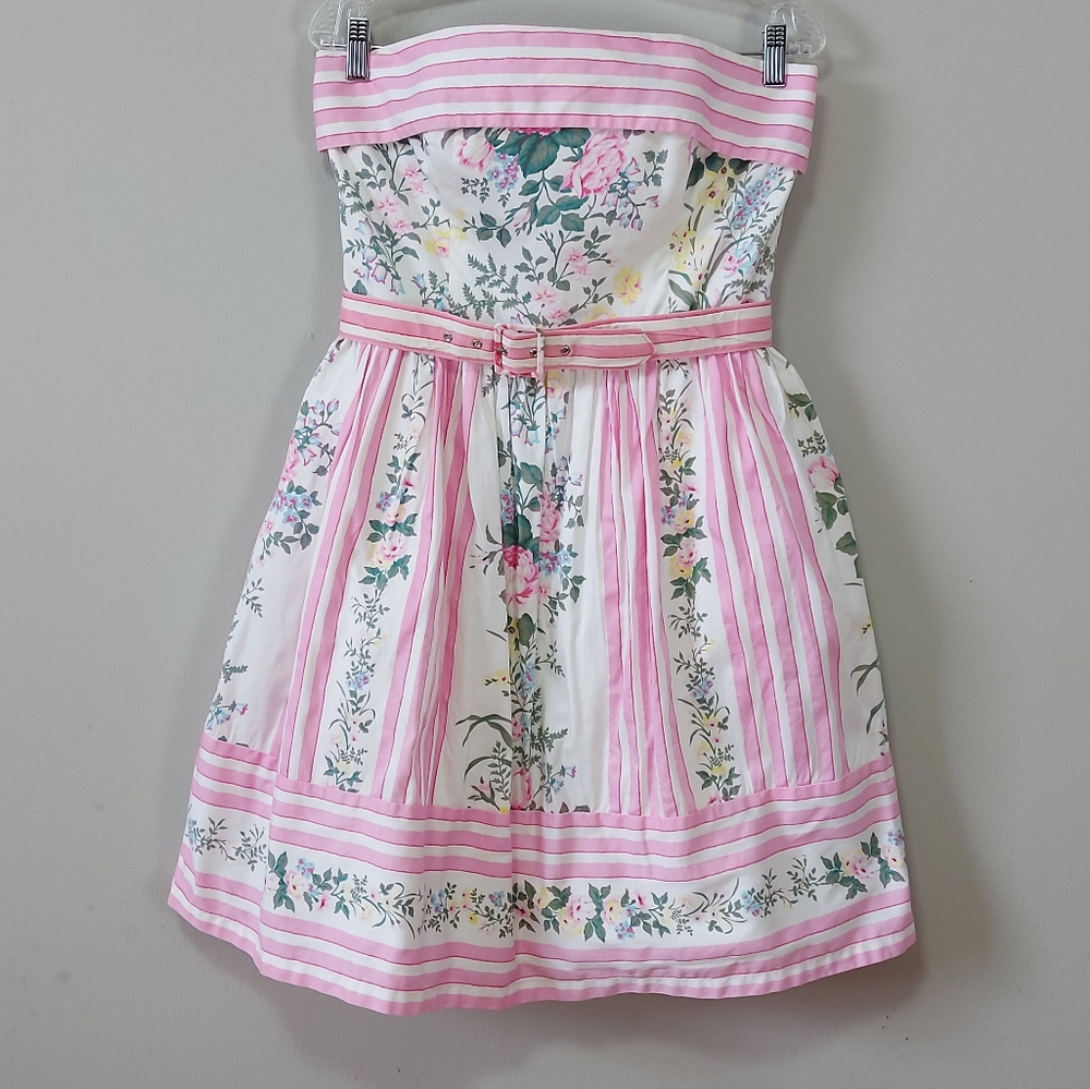 Betsey Johnson Dress Size 10 Strapless Striped Floral Boning Flare Pleated Aline